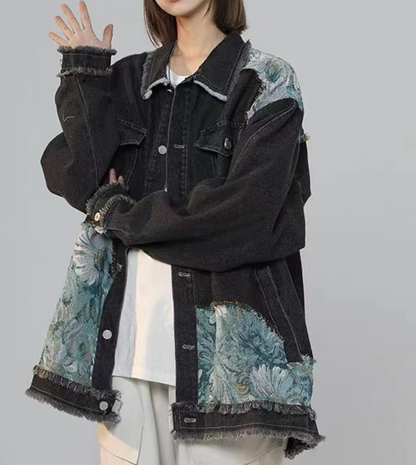 Loose Fit Spliced Lapel Pocket Denim Jacket