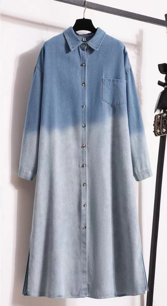 Plus Size Clashing Colours Lapel Button Up Long Sleeve Cardigan Denim Dress