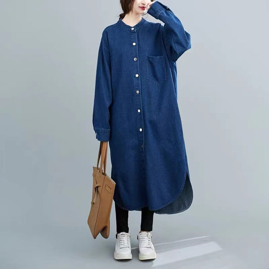 French Button Long Sleeve Split Cardigan Denim Dress