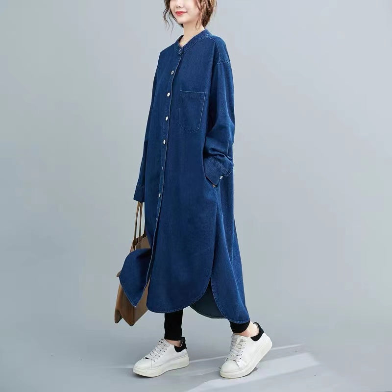 French Button Long Sleeve Split Cardigan Denim Dress