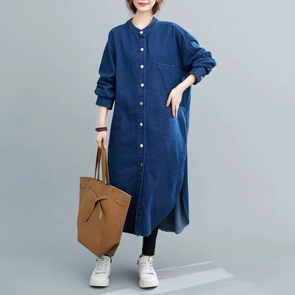 French Button Long Sleeve Split Cardigan Denim Dress