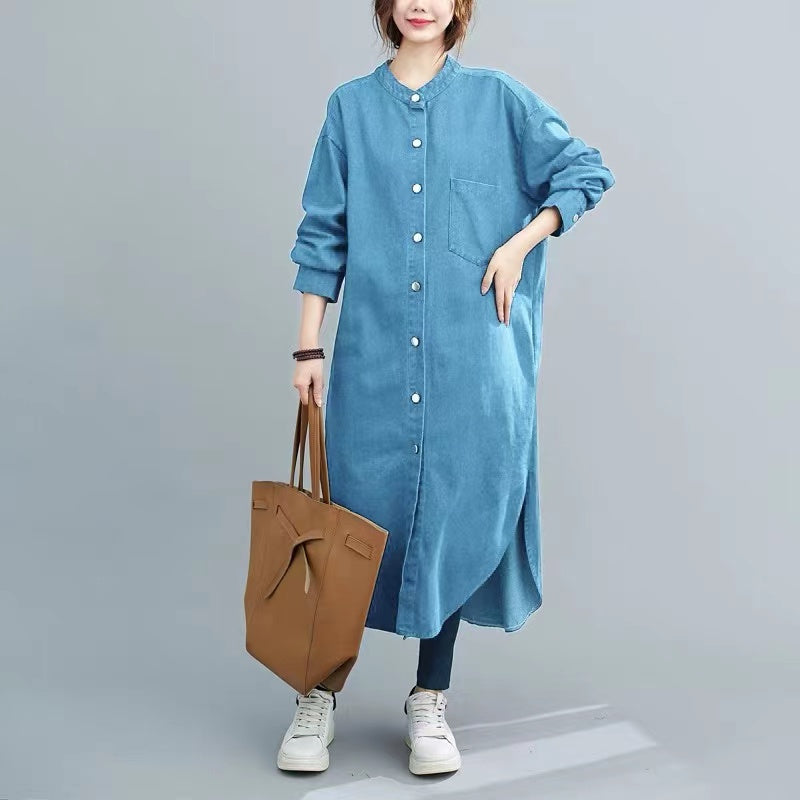 French Button Long Sleeve Split Cardigan Denim Dress