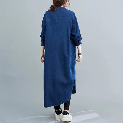 French Button Long Sleeve Split Cardigan Denim Dress