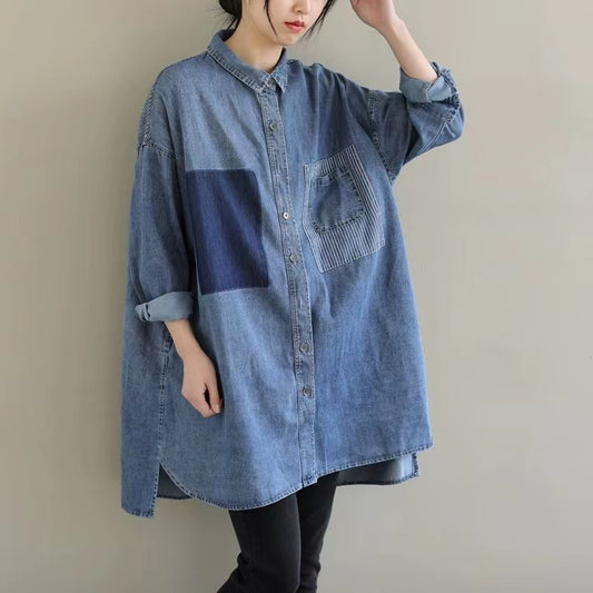 French Patchwork Lapel Button Up Long Sleeve Asymmetric Denim Shirt Top