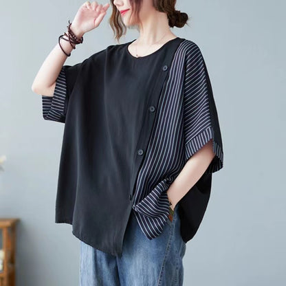 Asymmetric Splicing Round Neck Short Sleeve T-Shirt Top