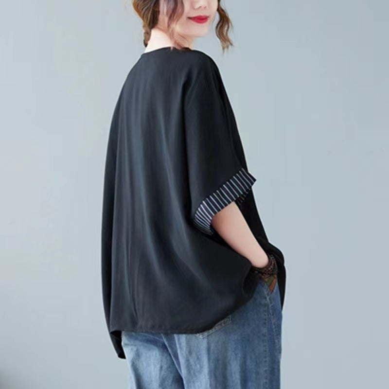 Asymmetric Splicing Round Neck Short Sleeve T-Shirt Top