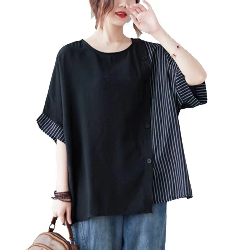 Asymmetric Splicing Round Neck Short Sleeve T-Shirt Top