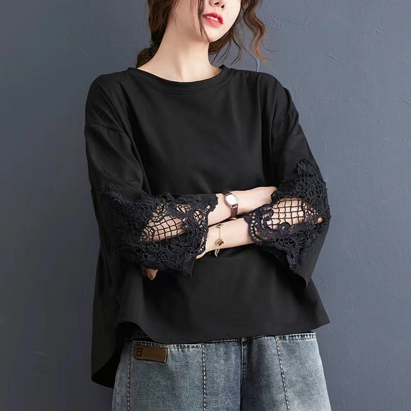 Chic Lace Patchwork Crew Neck T-Shirt Top