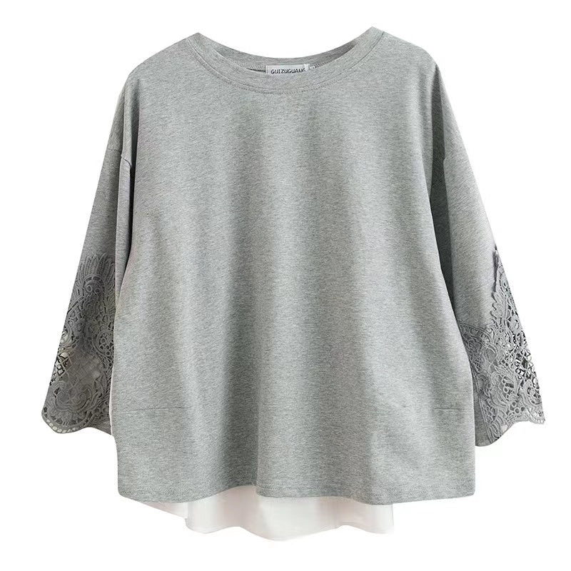 Chic Lace Patchwork Crew Neck T-Shirt Top