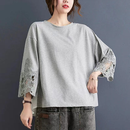 Chic Lace Patchwork Crew Neck T-Shirt Top