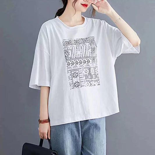 Vintage Printed Round Neck Short Sleeve T-Shirt Top