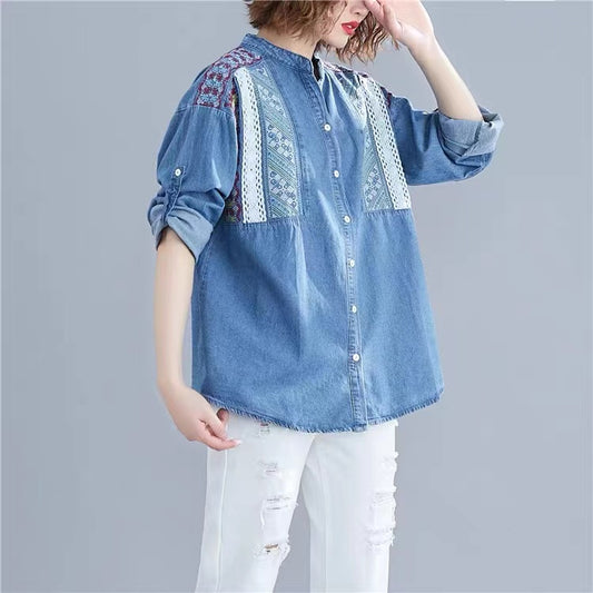 Patchwork Floral Button Up Long Sleeve Denim Shirt Top