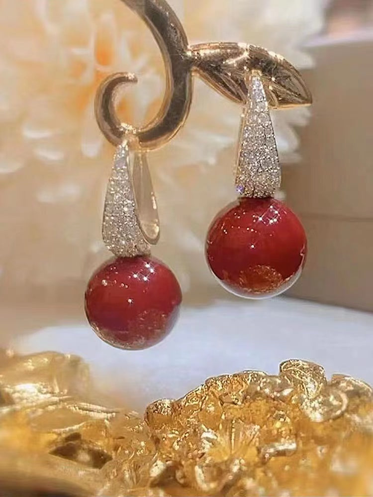 French Vintage Red Copper Gold Plated Zirconia Pearl Earrings