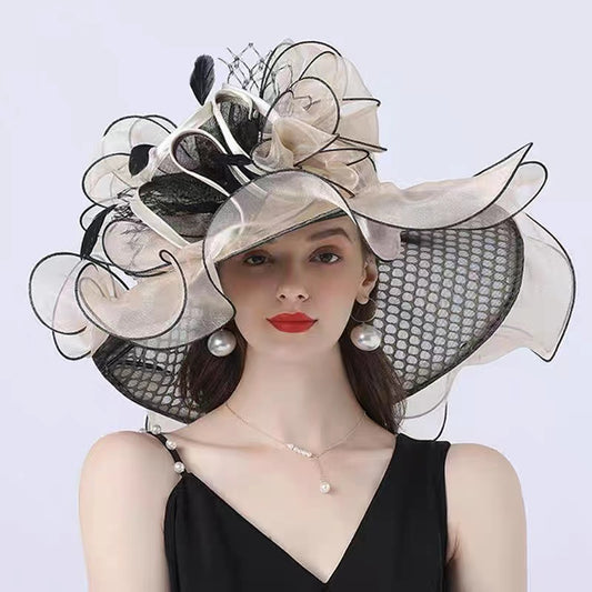 French Flower Decorated Mesh Tulle Floppy Sun Hat