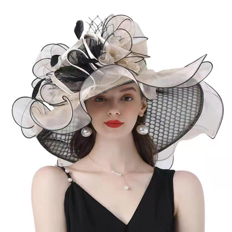 French Flower Decorated Mesh Tulle Floppy Sun Hat