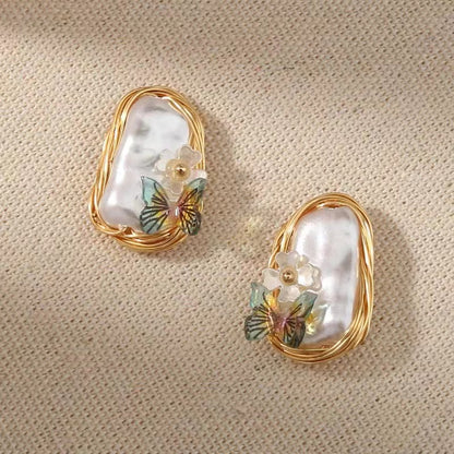 French Irregular Pearl Butterfly Decoration Fashion Earrings