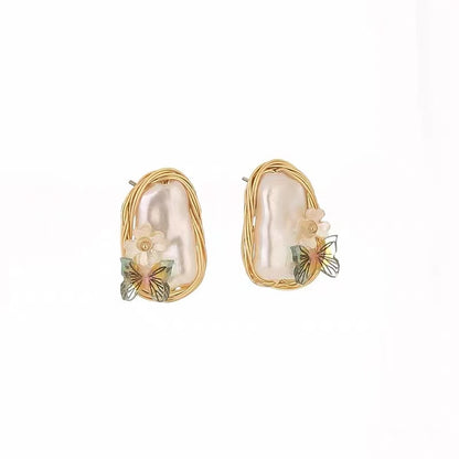 French Irregular Pearl Butterfly Decoration Fashion Earrings