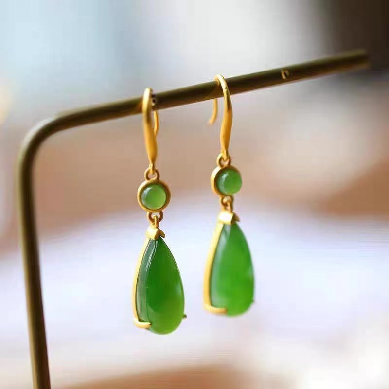 Chinese Style Jadeite Zirconia Drops 18K Earrings