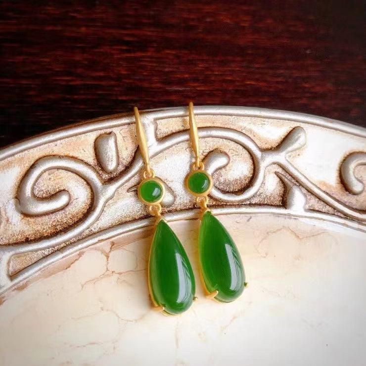 Chinese Style Jadeite Zirconia Drops 18K Earrings