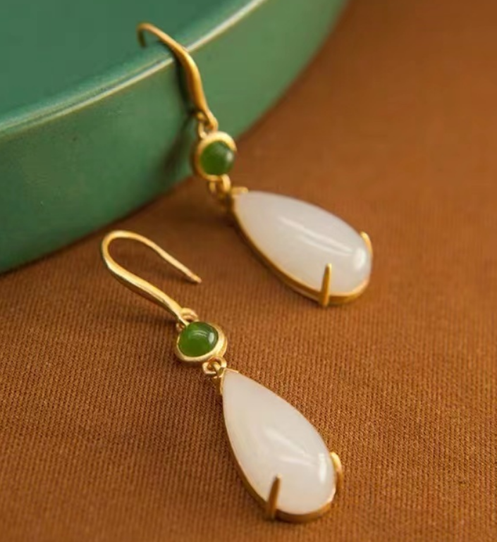 Chinese Style Jadeite Zirconia Drops 18K Earrings