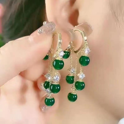 Women's Jadeite Cat's Eye Stone Tassel Dangle Earrings