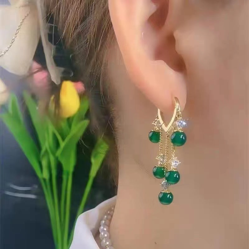 Women's Jadeite Cat's Eye Stone Tassel Dangle Earrings