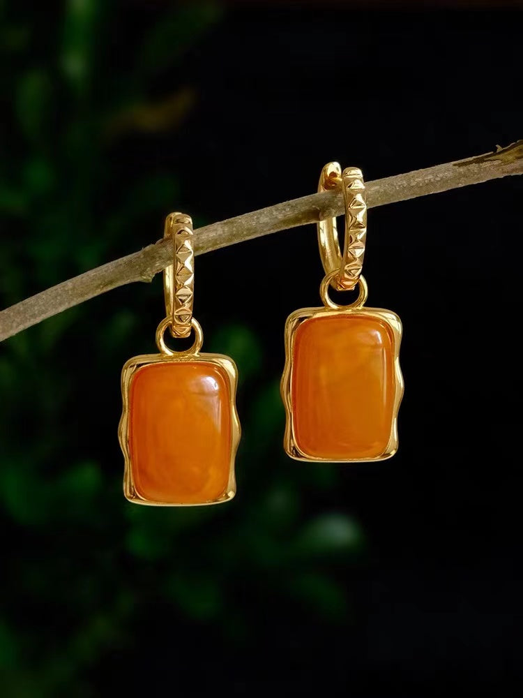 Chinese Style Orange Sterling Silver Gold Plated Natural Beeswax Square Earrings