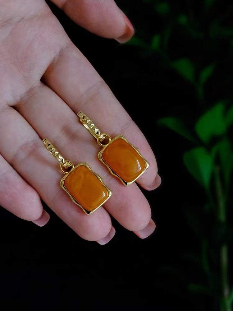 Chinese Style Orange Sterling Silver Gold Plated Natural Beeswax Square Earrings