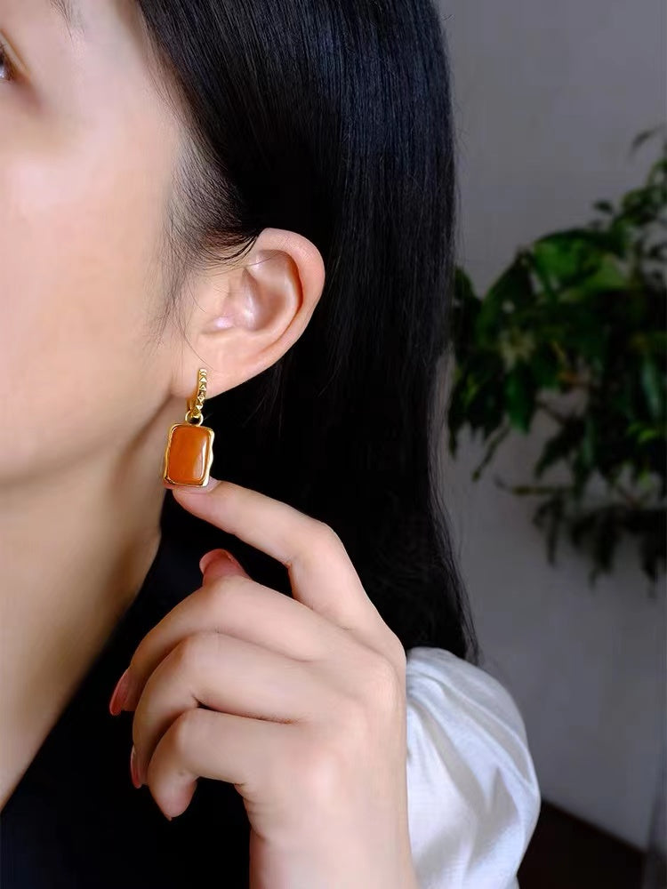 Chinese Style Orange Sterling Silver Gold Plated Natural Beeswax Square Earrings