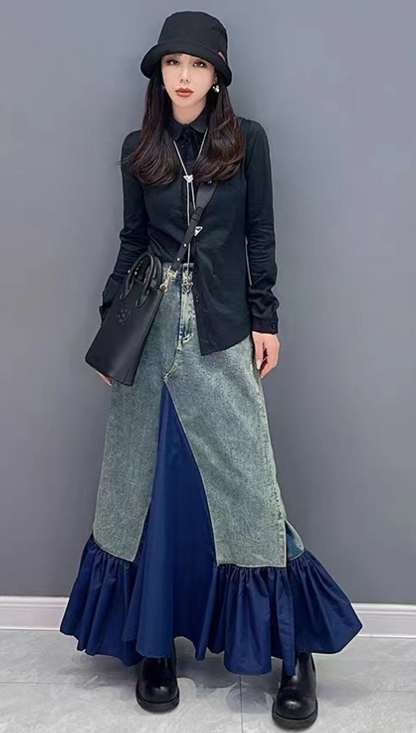 Patchwork pleated slit hem denim skirt