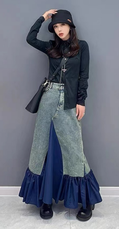 Patchwork pleated slit hem denim skirt