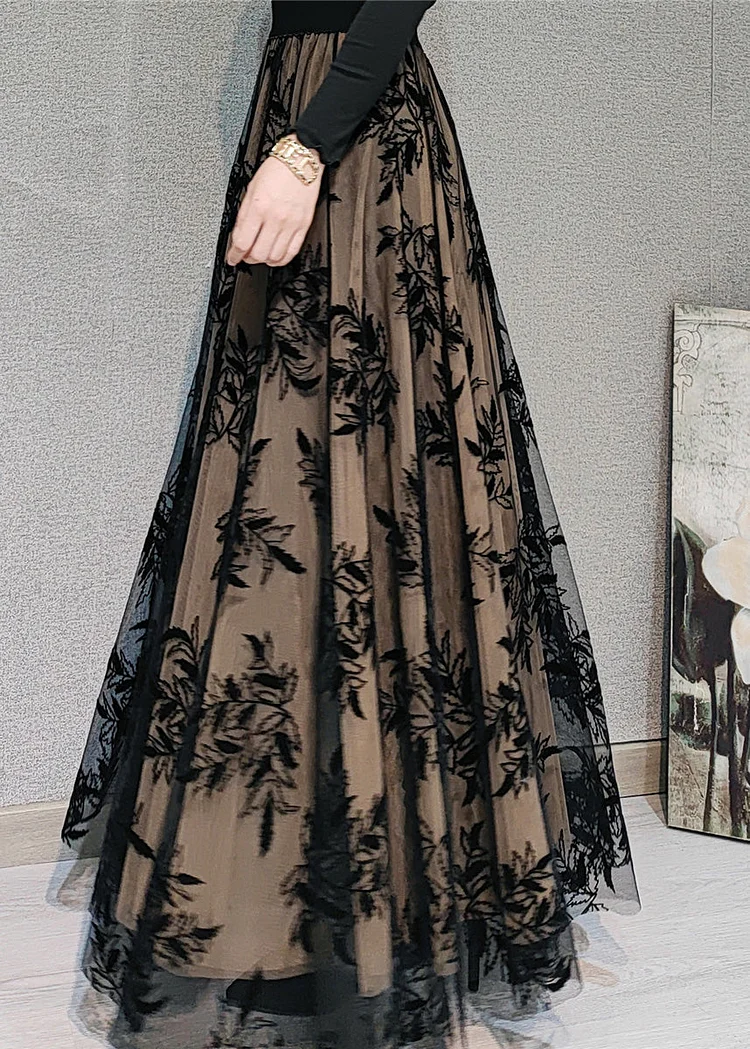 Khaki Embroidered Floral Tulle Swing Long Dress