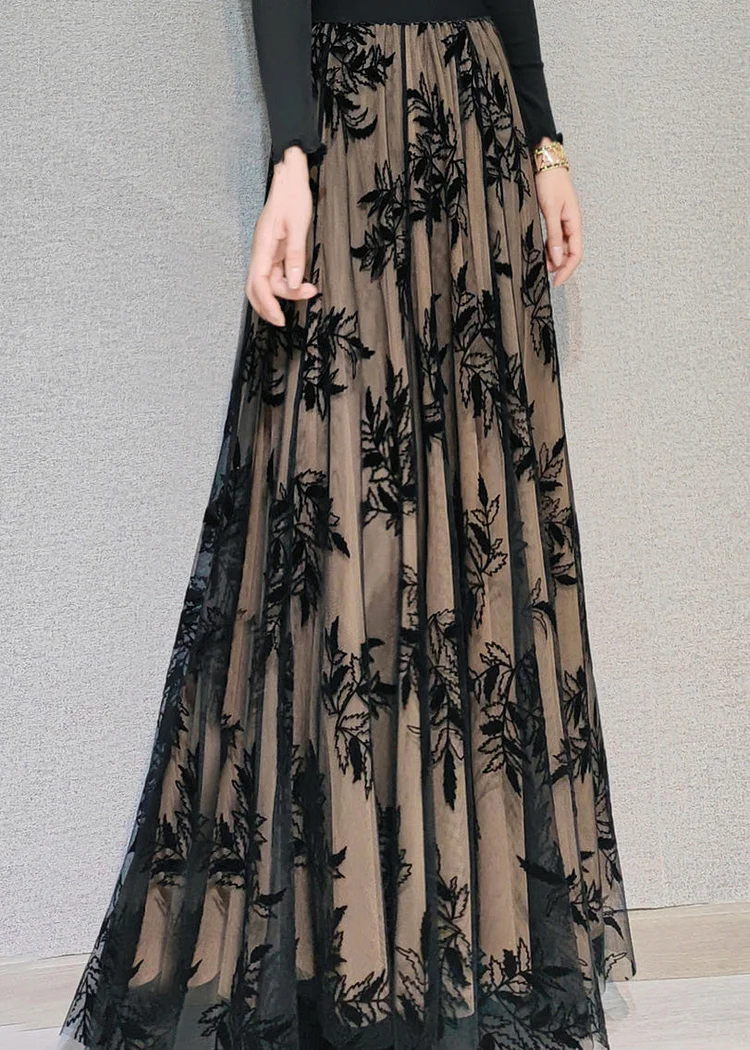 Khaki Embroidered Floral Tulle Swing Long Dress