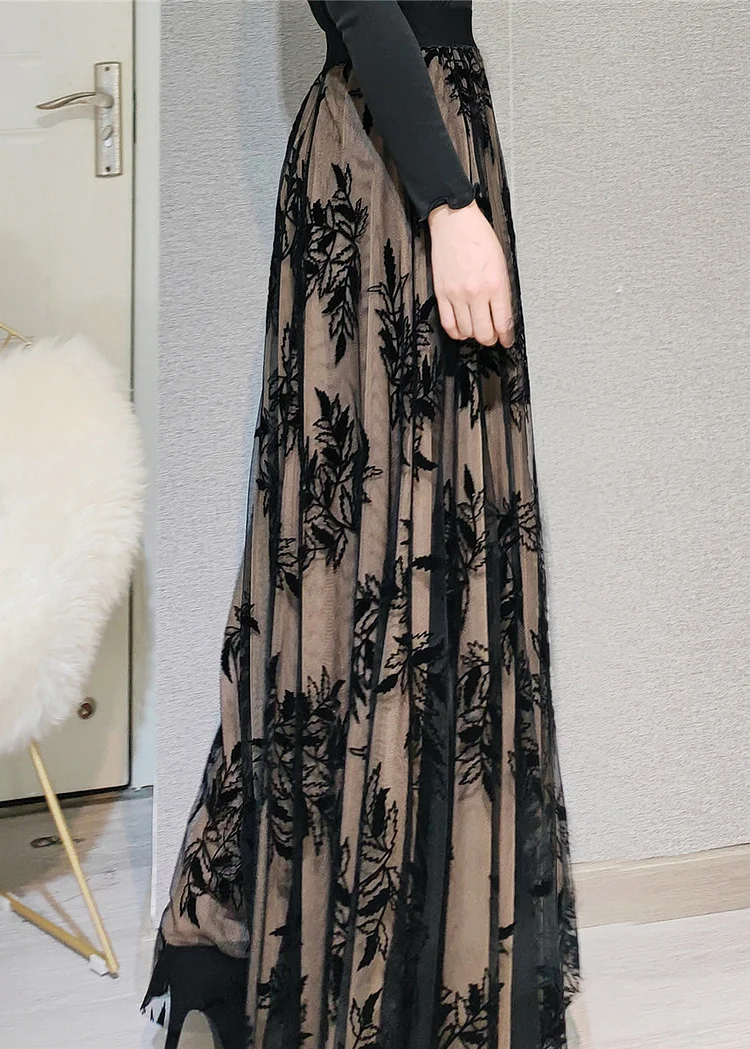 Khaki Embroidered Floral Tulle Swing Long Dress