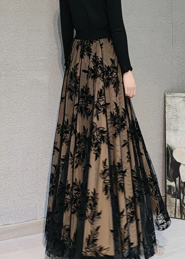 Khaki Embroidered Floral Tulle Swing Long Dress