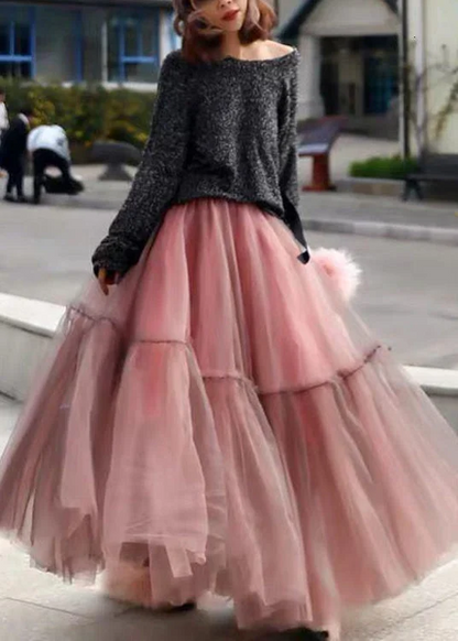 Pink Ruffled Tulle Crushed Pleat Round Half Bodycon Skirt