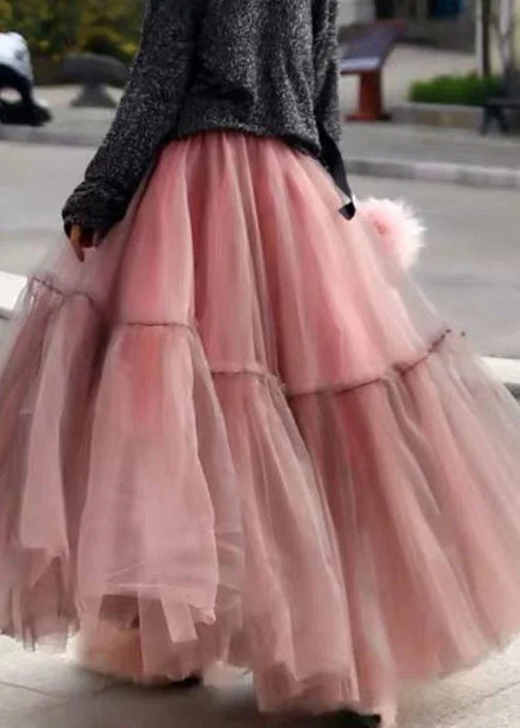 Pink Ruffled Tulle Crushed Pleat Round Half Bodycon Skirt