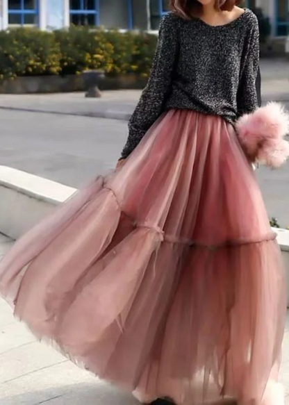 Pink Ruffled Tulle Crushed Pleat Round Half Bodycon Skirt