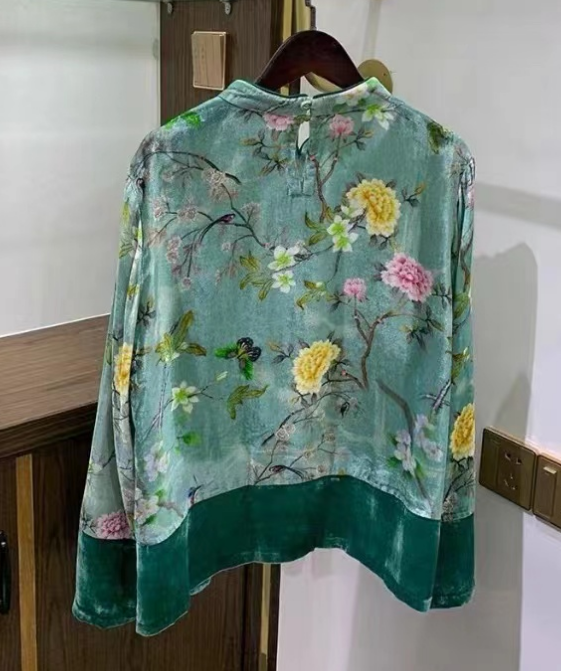 Vintage Green Hand Buttoned Printed Patchwork Silk Velvet Shirt