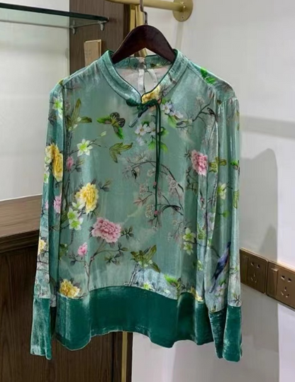 Vintage Green Hand Buttoned Printed Patchwork Silk Velvet Shirt