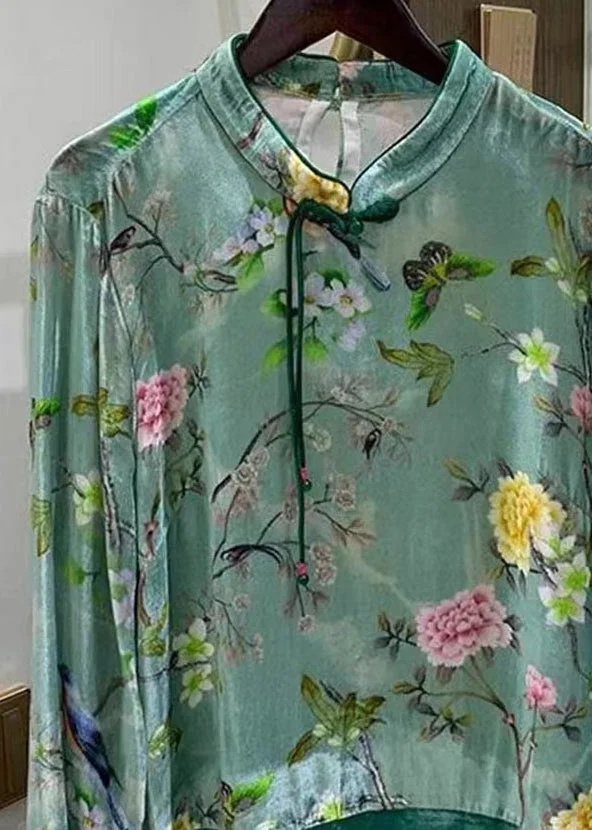 Vintage Green Hand Buttoned Printed Patchwork Silk Velvet Shirt