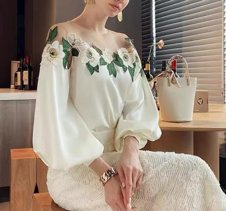 French White Elegant Lantern Sleeve Patchwork Blouse Top