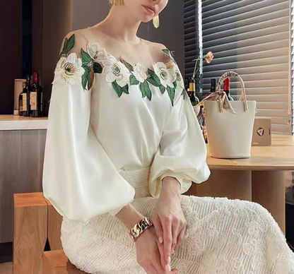 French White Elegant Lantern Sleeve Patchwork Blouse Top