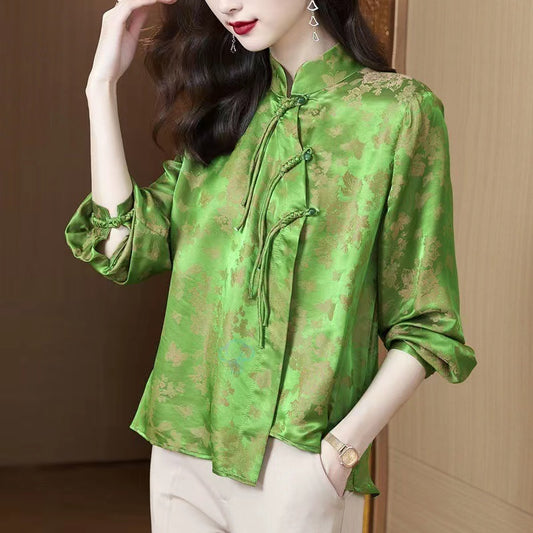 Chic Green Printed Plate Button Stand Collar Asymmetric Long Sleeve Top