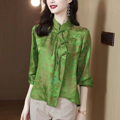 Chic Green Printed Plate Button Stand Collar Asymmetric Long Sleeve Top