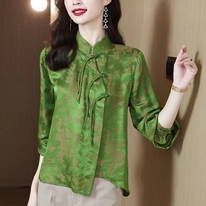 Chic Green Printed Plate Button Stand Collar Asymmetric Long Sleeve Top