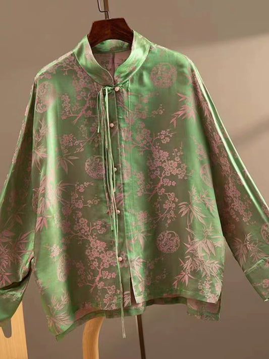 Chinese Style Printed Standing Collar Button Long Sleeve