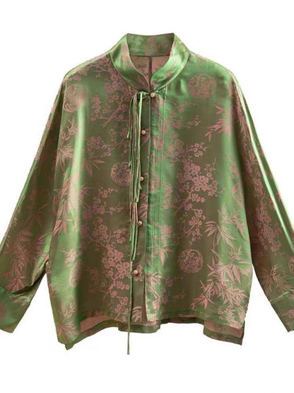 Chinese Style Printed Standing Collar Button Long Sleeve