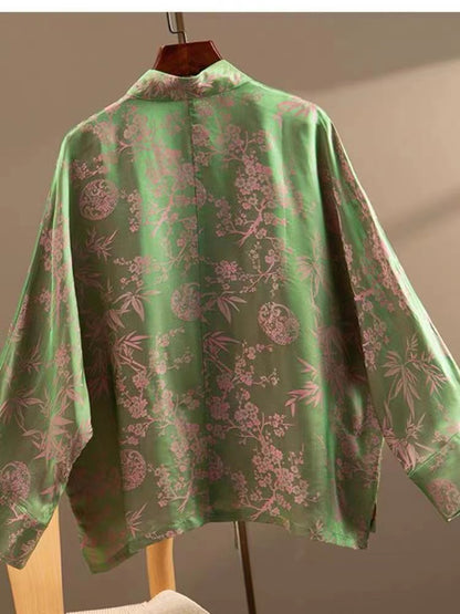 Chinese Style Printed Standing Collar Button Long Sleeve