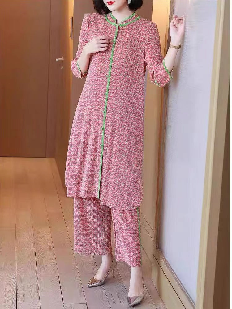 Pink Standing Collar Printed Clash Shirt + Wide Leg Pants Two Piece Set